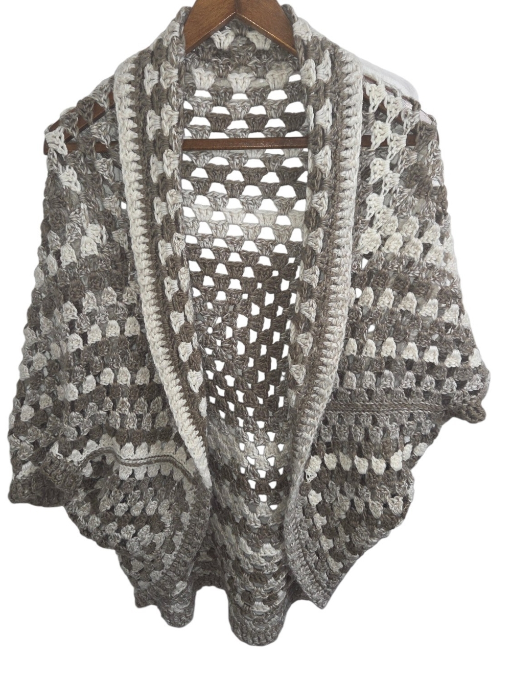 Handmade crochet cocoon cardigan featuring an open granny stitch neutral shade L